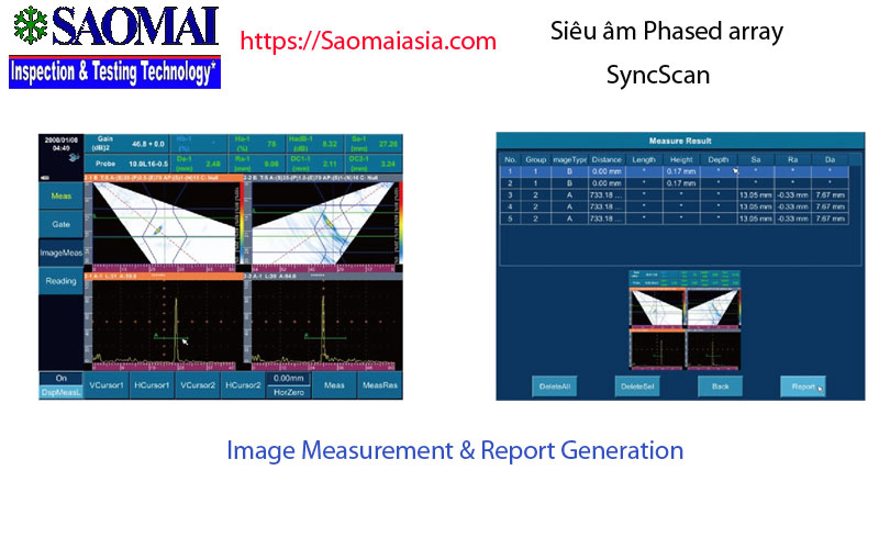 siêu âm mối hàn với chế độ ảnh và báo cáo của máy Phased array Synscan. 